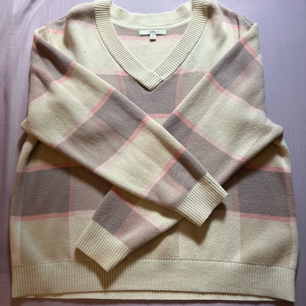 Vans Cream and Pink V-Neck Sweater